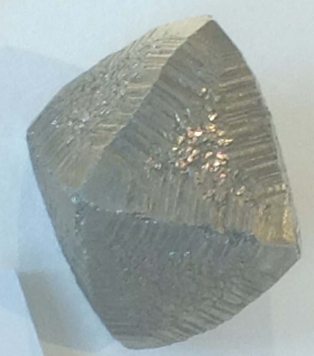 Astonishingly, pyrites naturally crystallize into the shapes of all five Platonic solids. The cube (below) and octahedron (above) are shown.