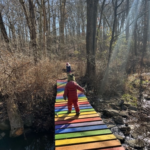 Child crossing rainbow colored bridge